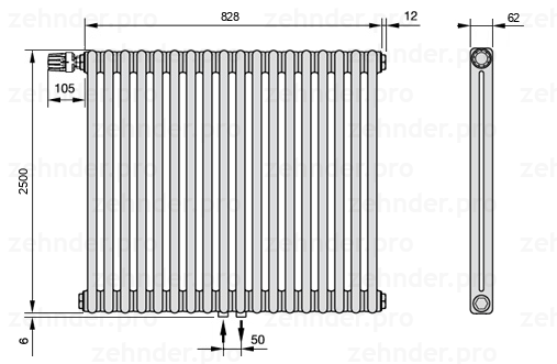Схема (чертеж) Радиатор Zehnder Charleston 2250/18 №V007 Белый глянцевый RAL 9016